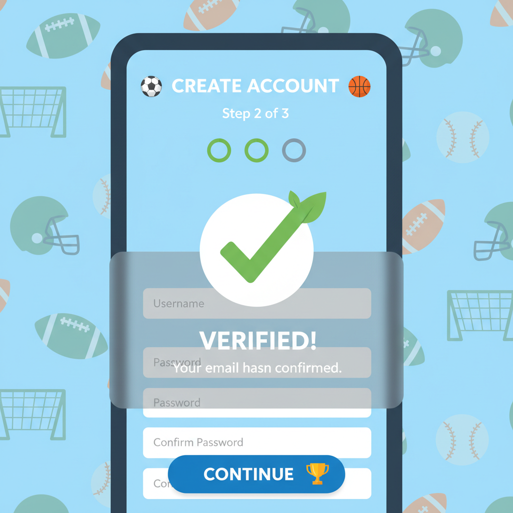 mobile app screen showing account creation form, verification checkmark, sports fan theme