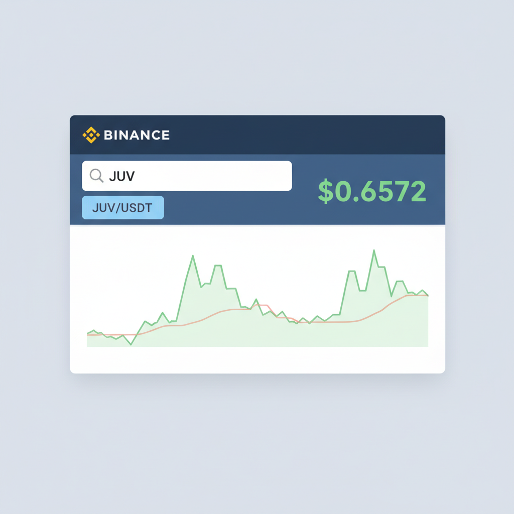 Binance search bar with JUV typed, JUV/USDT pair selected, price chart showing $0.6572