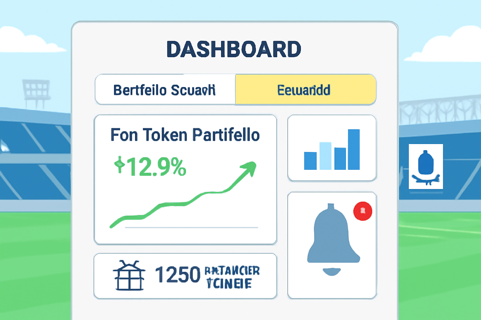 dashboard showing fan token portfolio growth, rewards tab, Serie A stadium in background, charts and notifications
