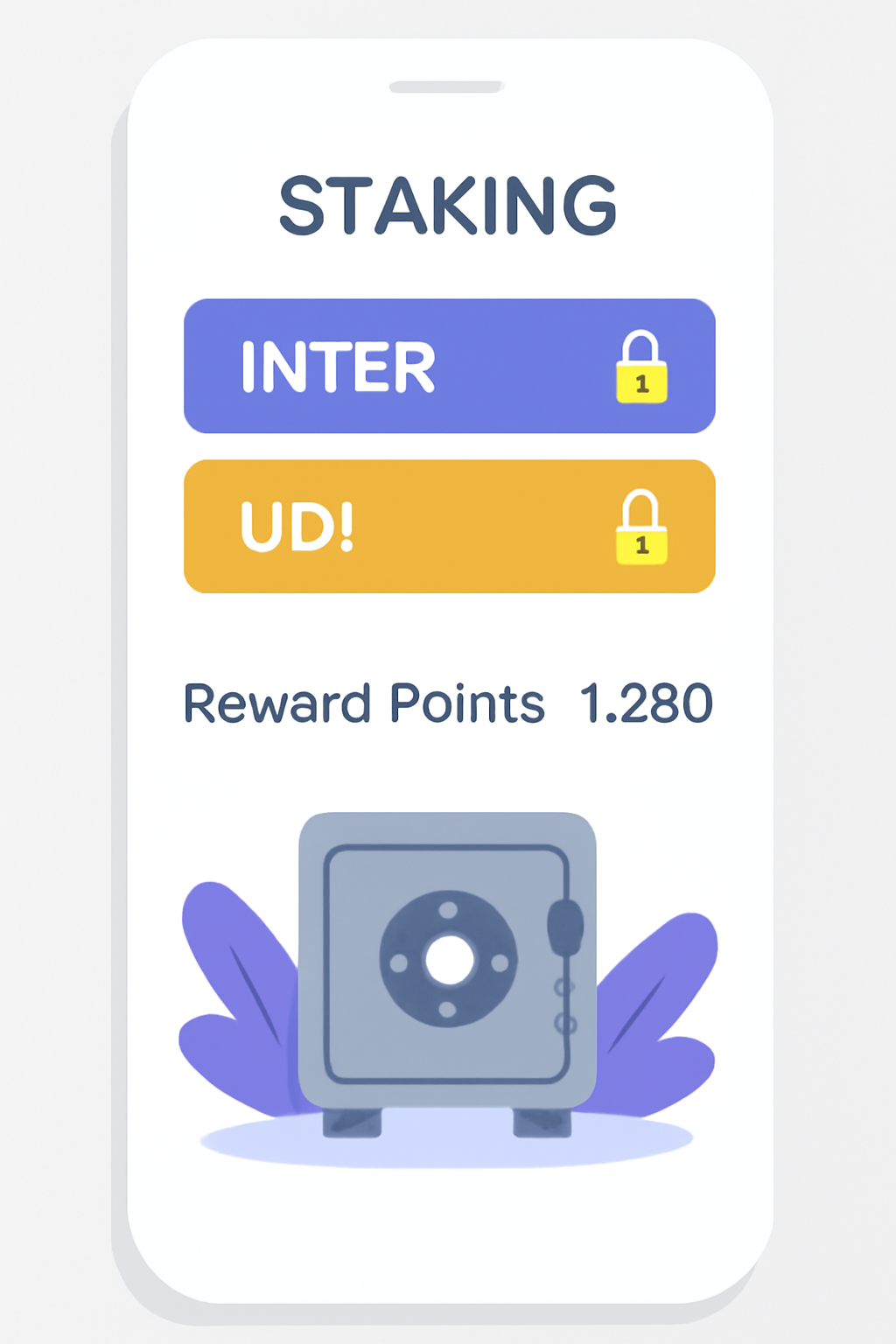 staking interface on mobile app with locked INTER and UDI tokens, reward points accumulating, secure vault graphic