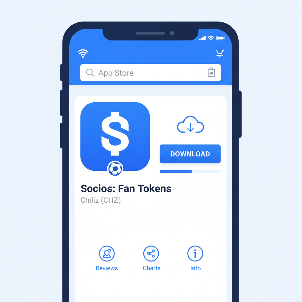 smartphone downloading Socios app from app store, clean modern interface, blue and white colors