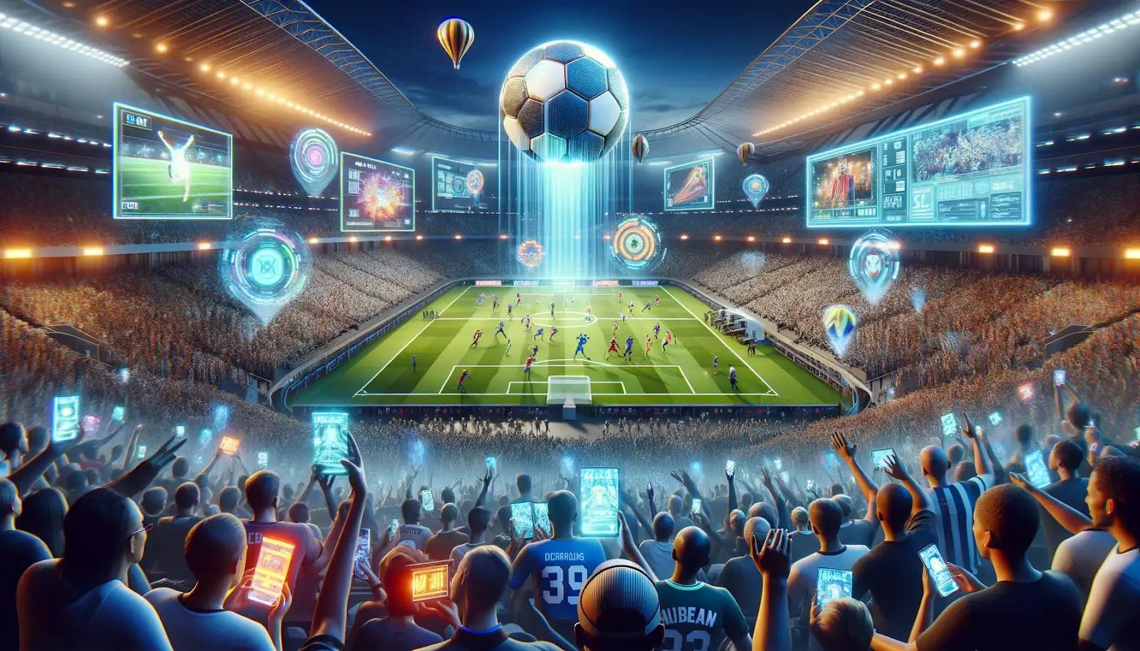 Vibrant stadium crowd holding smartphones displaying digital fan tokens and NFT collectibles, showcasing blockchain-powered fan engagement in sports