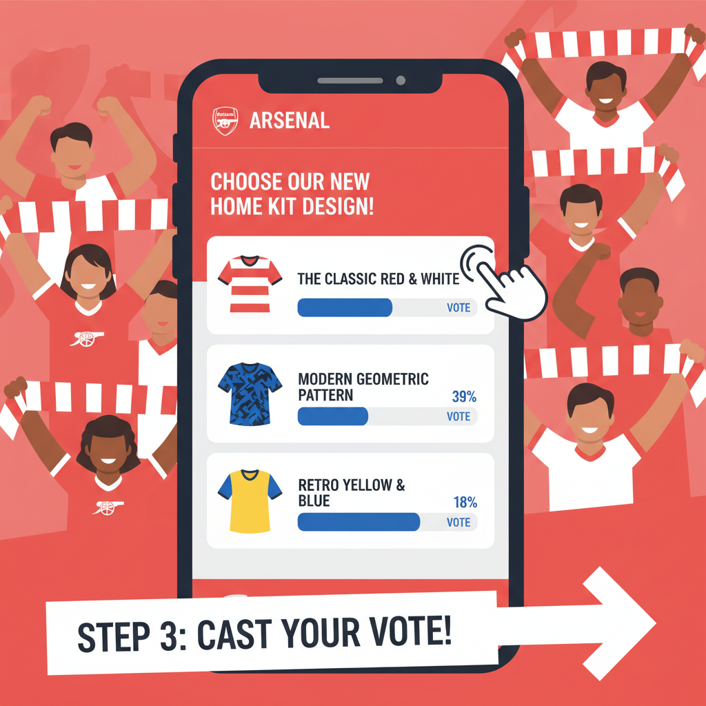 Close-up of Socios poll selection screen for Arsenal, multiple poll options with voting bars, energetic fan crowd illustration