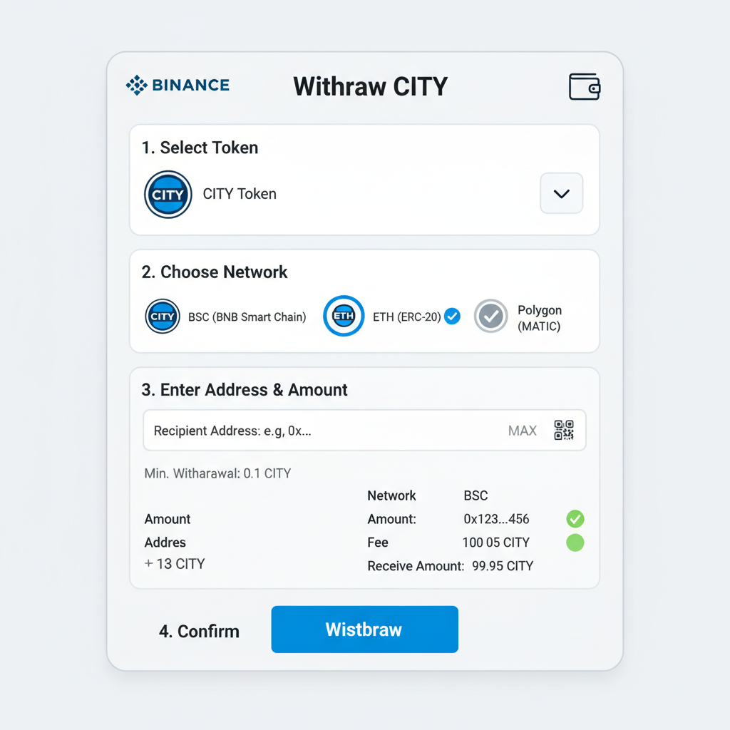 Binance withdrawal screen for CITY token