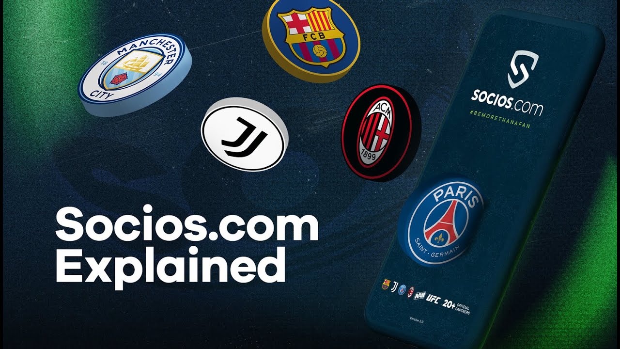 Smartphone showing Socios.com app interface with popular soccer fan tokens like FC Barcelona, PSG, and Juventus