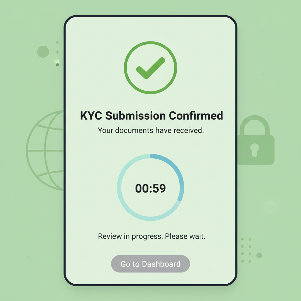 confirmation screen after KYC submission, green checkmark, waiting timer on exchange