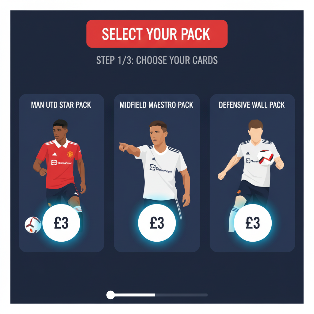 Manchester United player trading card packs selection screen, vibrant digital cards of players like Rashford, packs priced at £3
