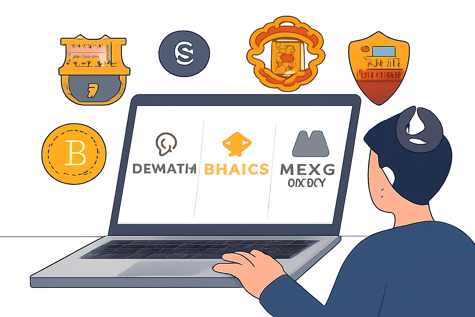 A person comparing popular crypto exchange logos (Socios.com, Binance, MEXC Global) on a laptop screen, with soccer club logos and digital tokens floating around.