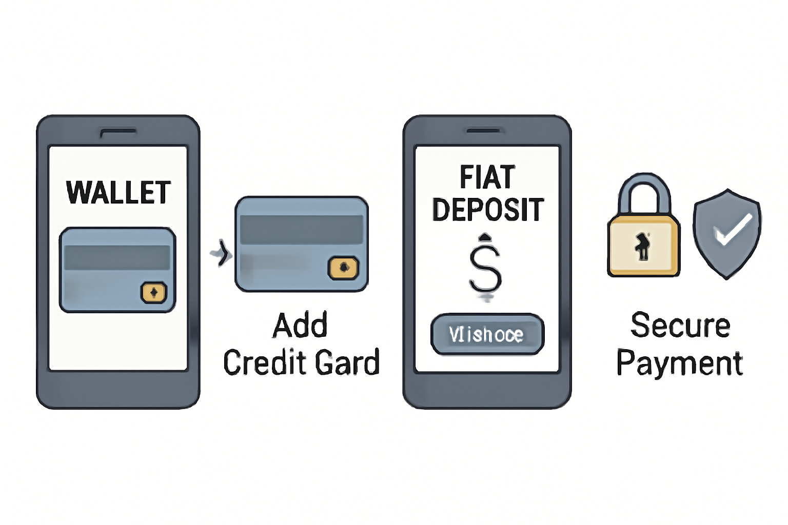 smartphone wallet interface adding credit card, fiat deposit screen, secure payment icons, professional style