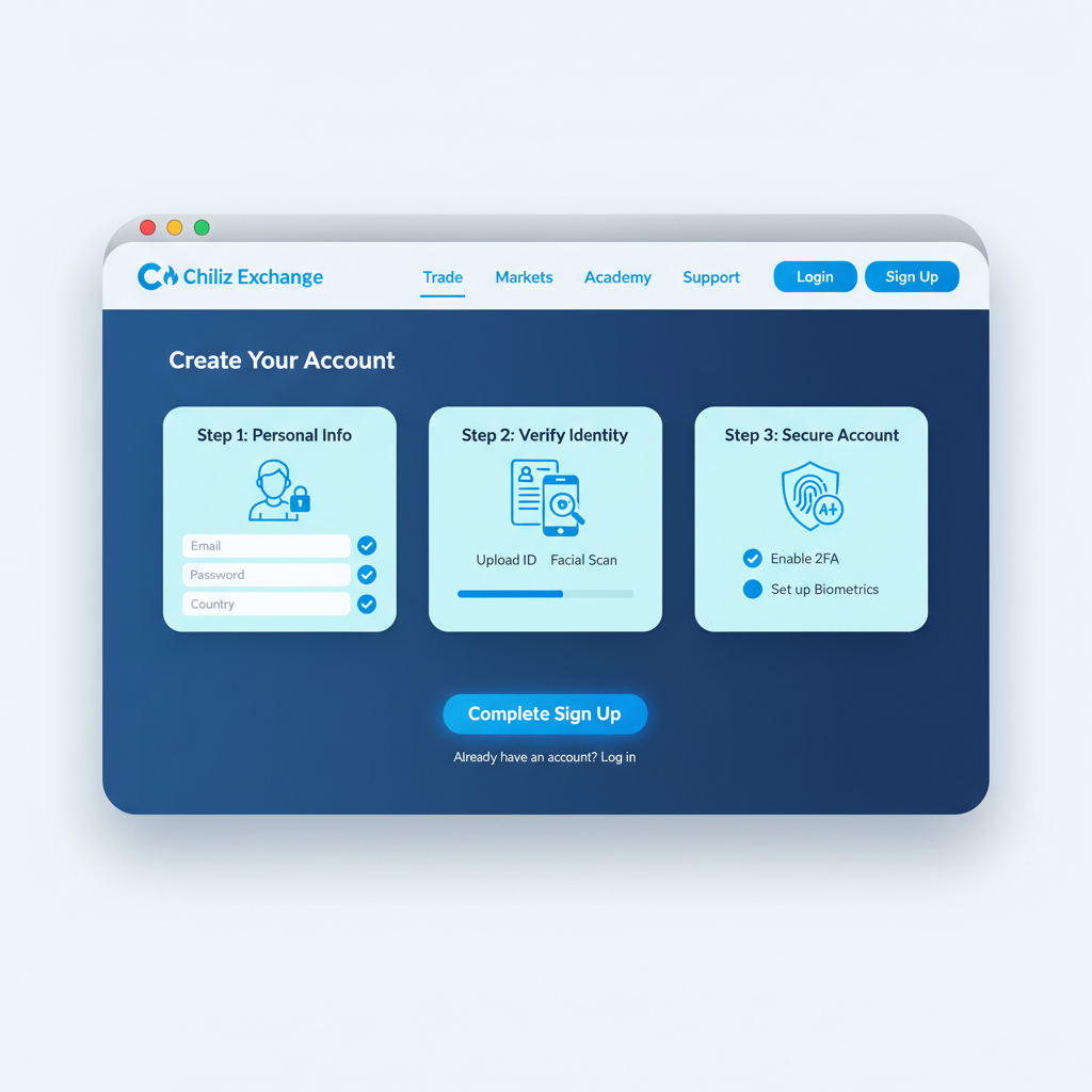sleek browser window open to Chiliz Exchange signup page, modern crypto interface, blue tones