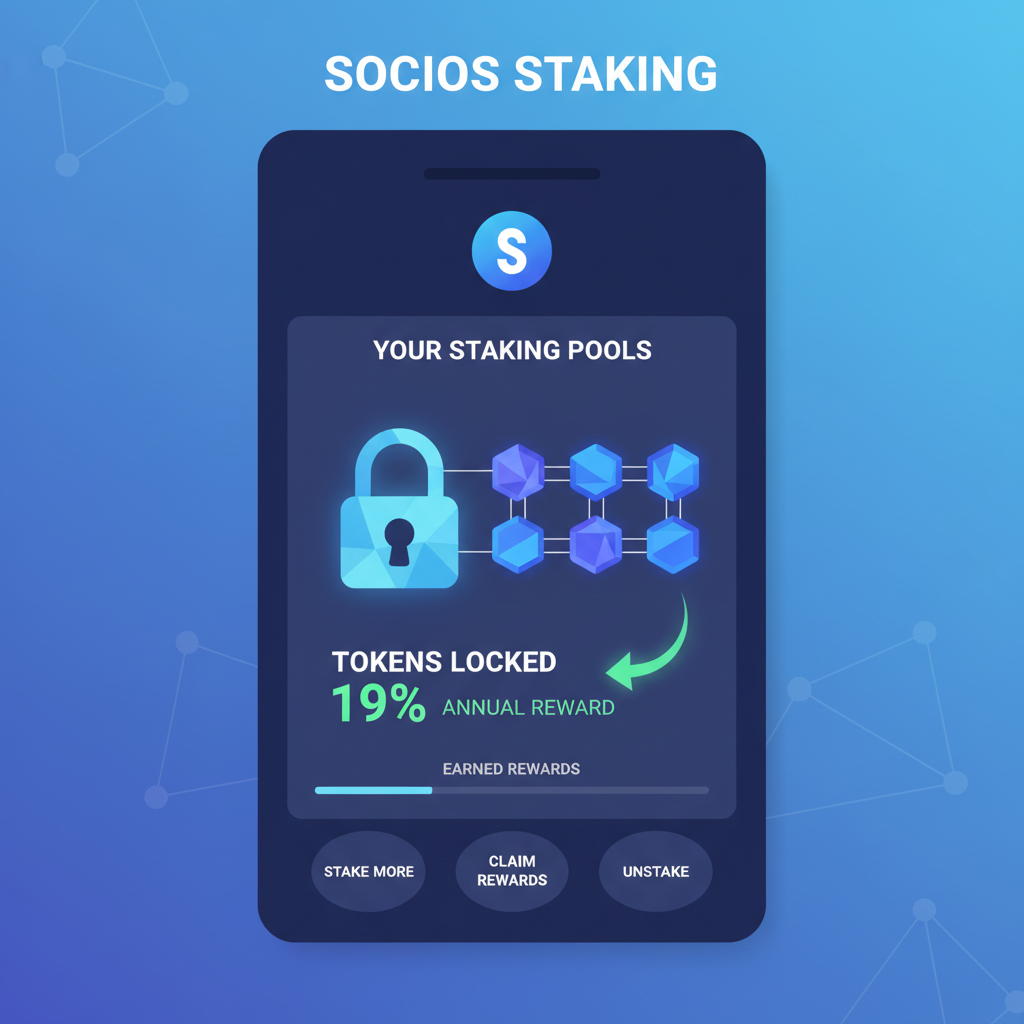 staking dashboard in Socios app, tokens locked with reward percentage 19%, glowing effects