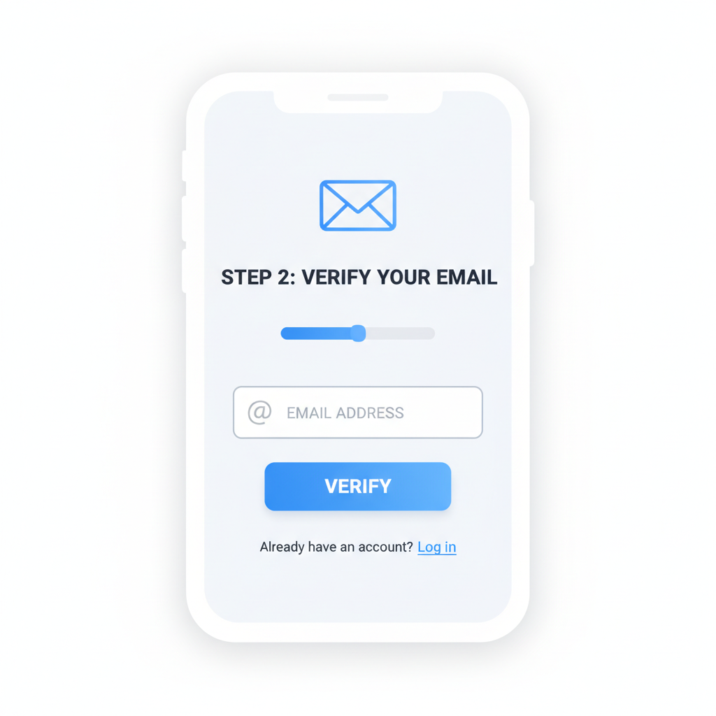 mobile app screen showing user registration form with email and verify button
