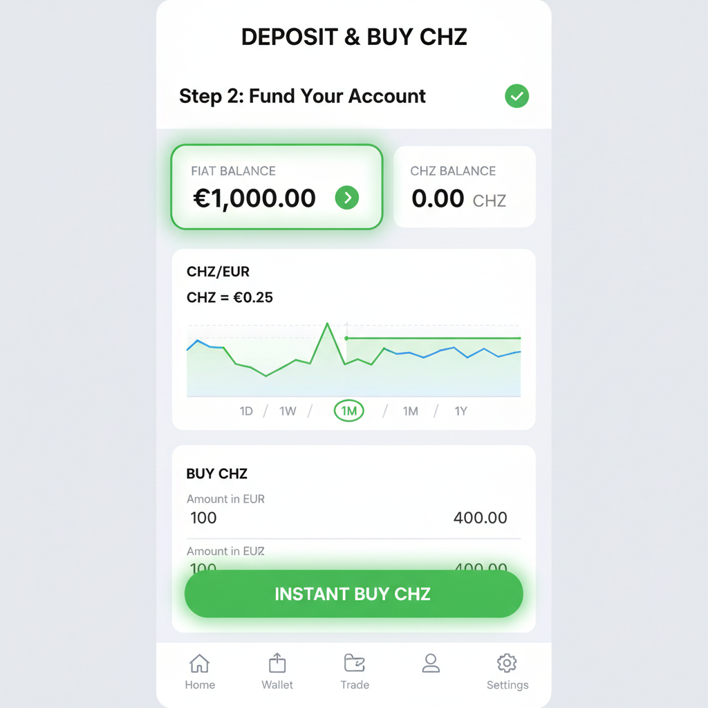 wallet app interface depositing fiat to buy CHZ tokens, charts and buy button highlighted