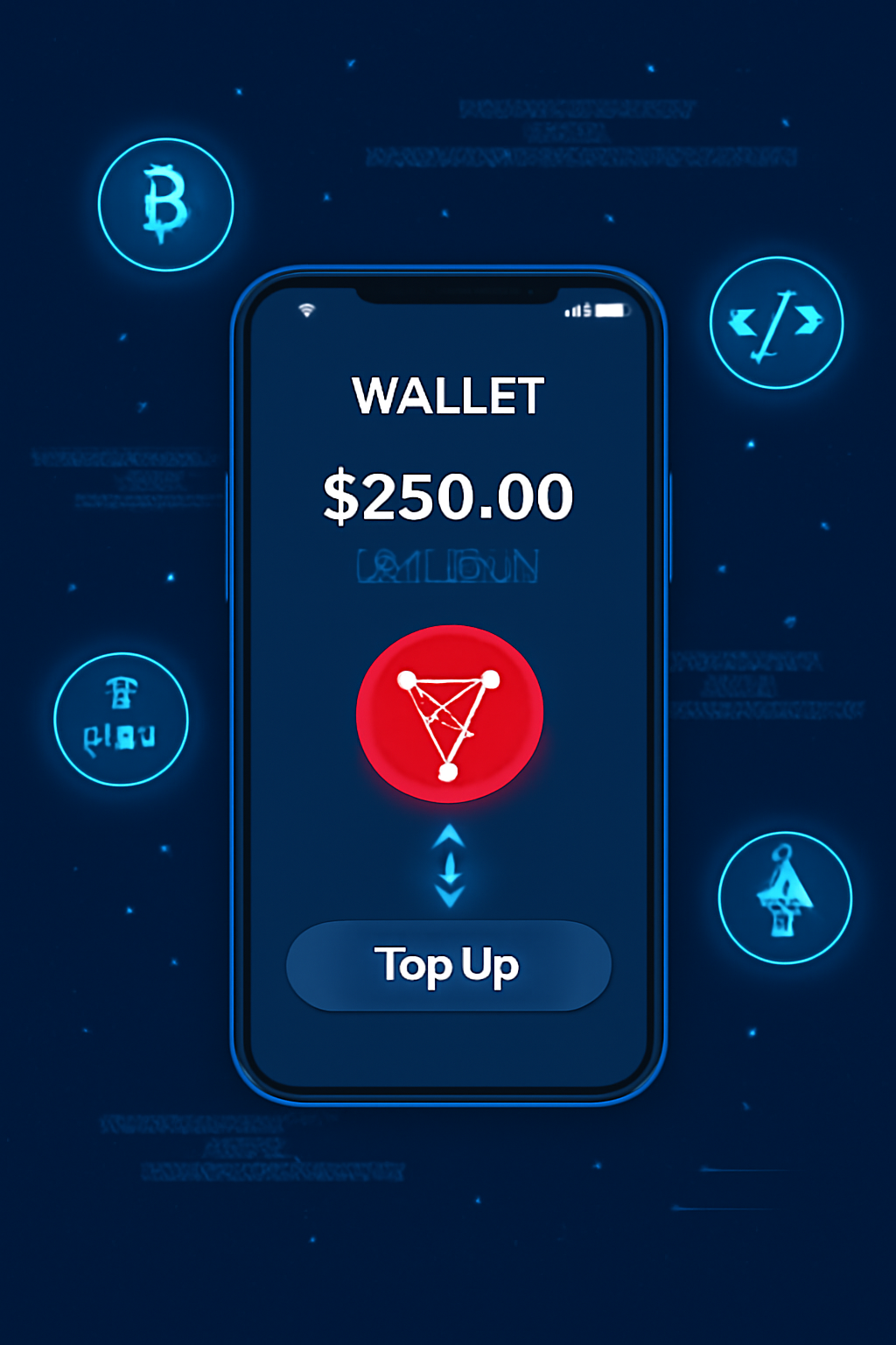 mobile app wallet interface topping up with CHZ tokens, glowing crypto icons, futuristic blockchain vibe