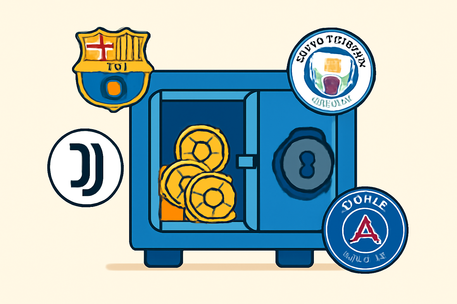 A secure digital vault with soccer fan tokens inside, shielded by a lock and surrounded by club emblems.