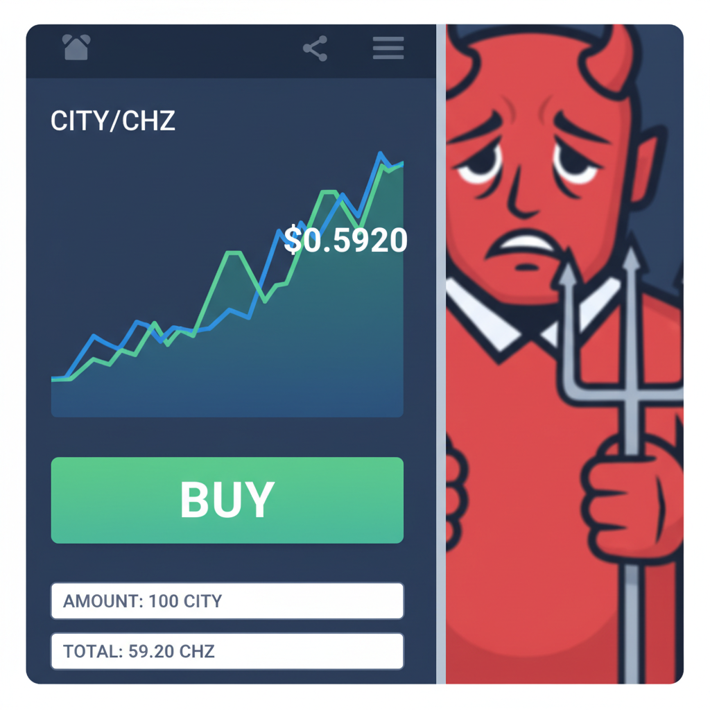 trading screen buying CITY fan token with CHZ, price chart showing $0.5920, red devil fan in background