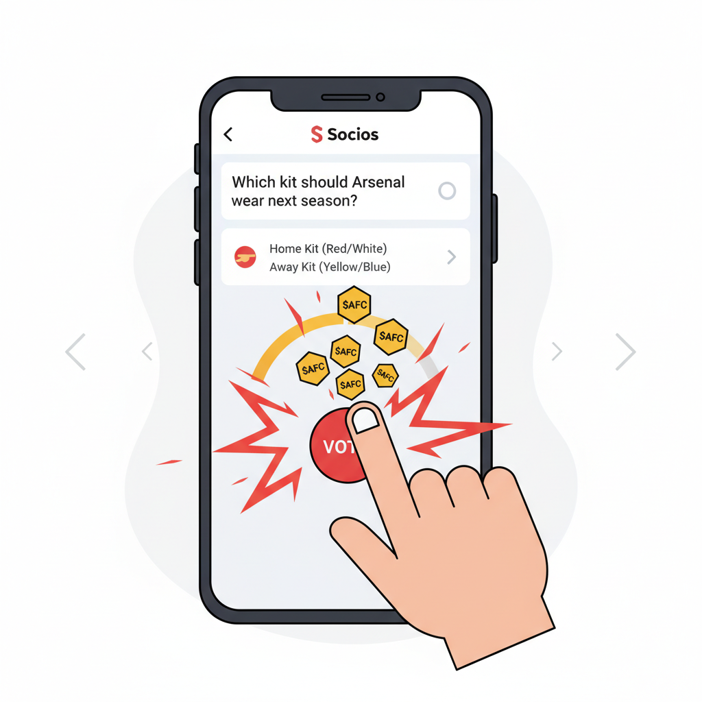 User finger tapping vote button on Arsenal poll in Socios app, $AFC tokens animating into vote, explosive red energy effects