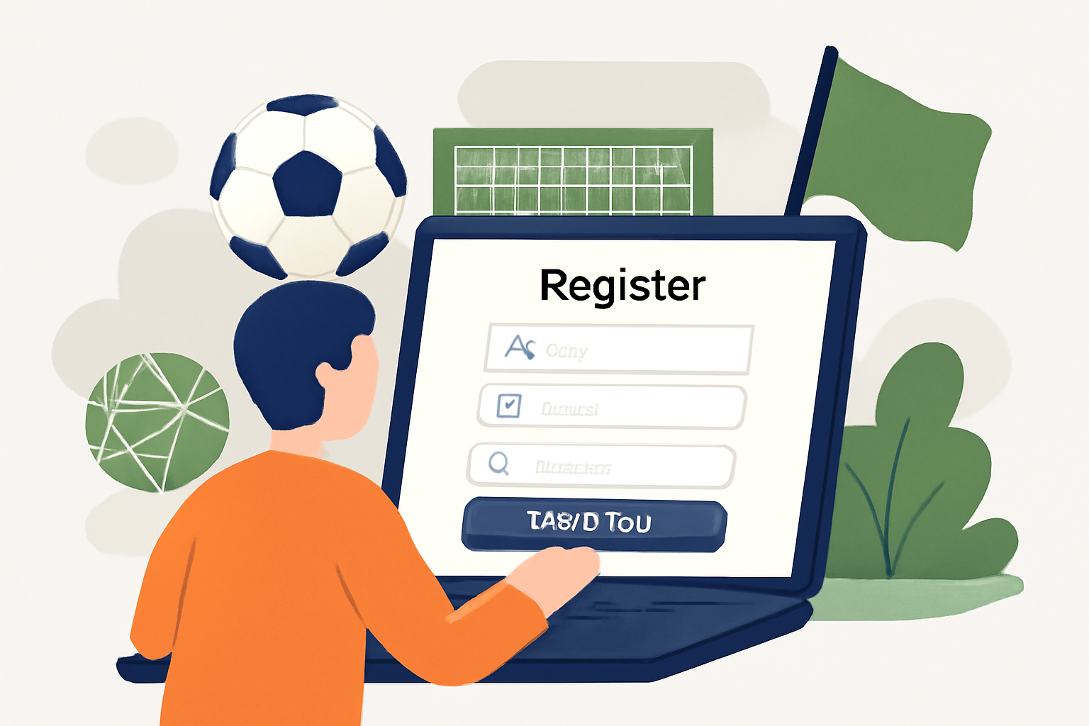 a person registering on a sports-themed website on a laptop, with soccer elements in the background, modern and clean interface