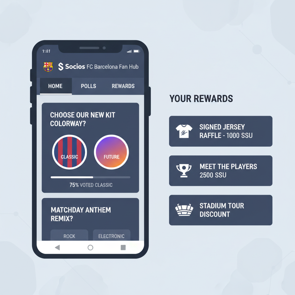 Socios app FC Barcelona fan section with voting polls and rewards display
