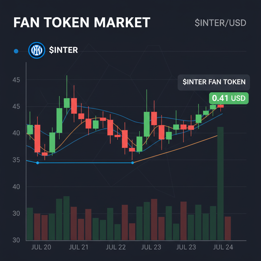 cryptocurrency price chart for fan tokens, candlesticks showing $INTER at 0.41, volume bars, dark trading theme