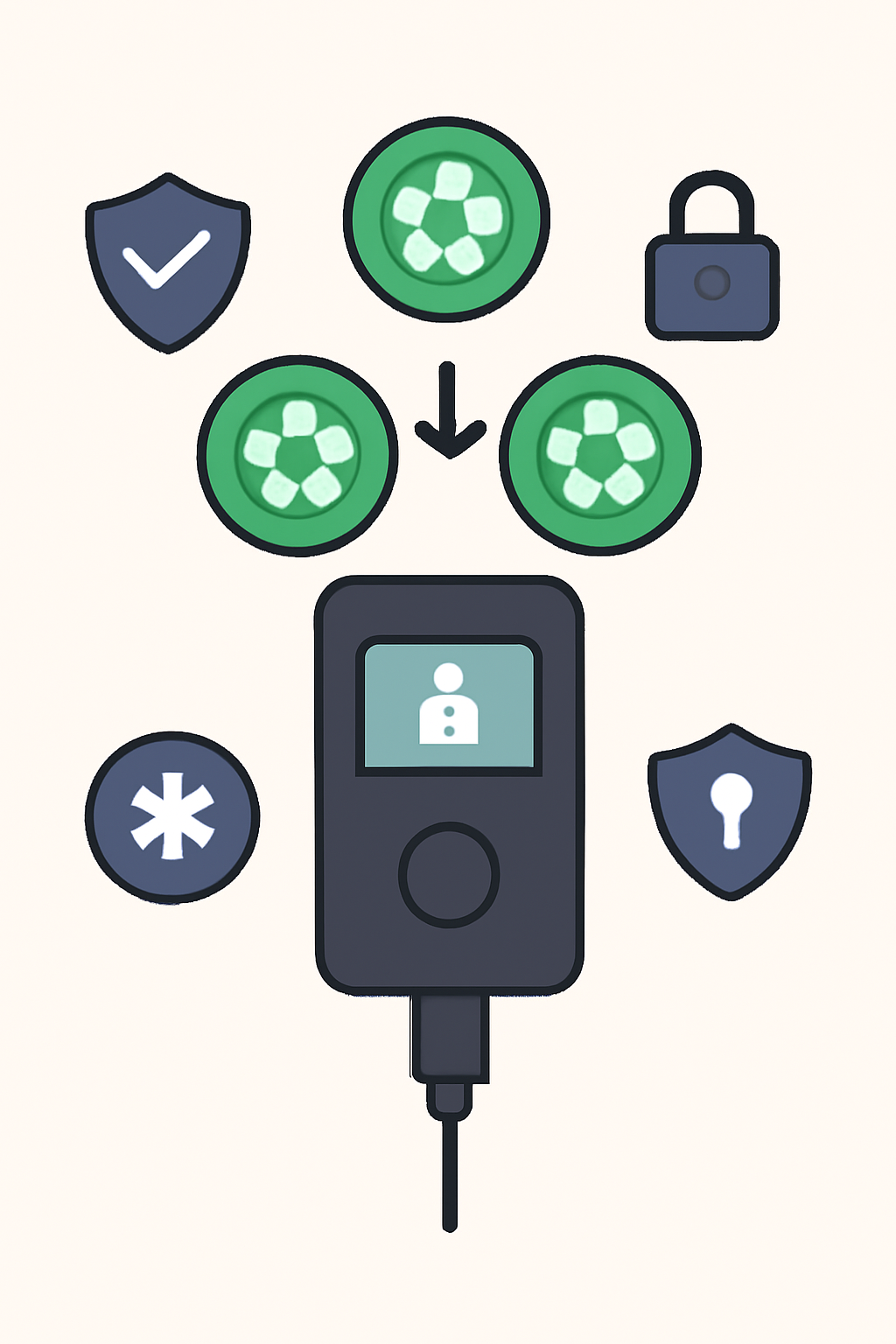 A hardware crypto wallet with soccer fan tokens being transferred into it, surrounded by security icons.