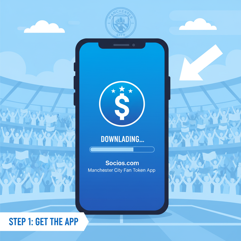 smartphone downloading Socios.com app, Manchester City blue sky blue theme, vibrant fan stadium background