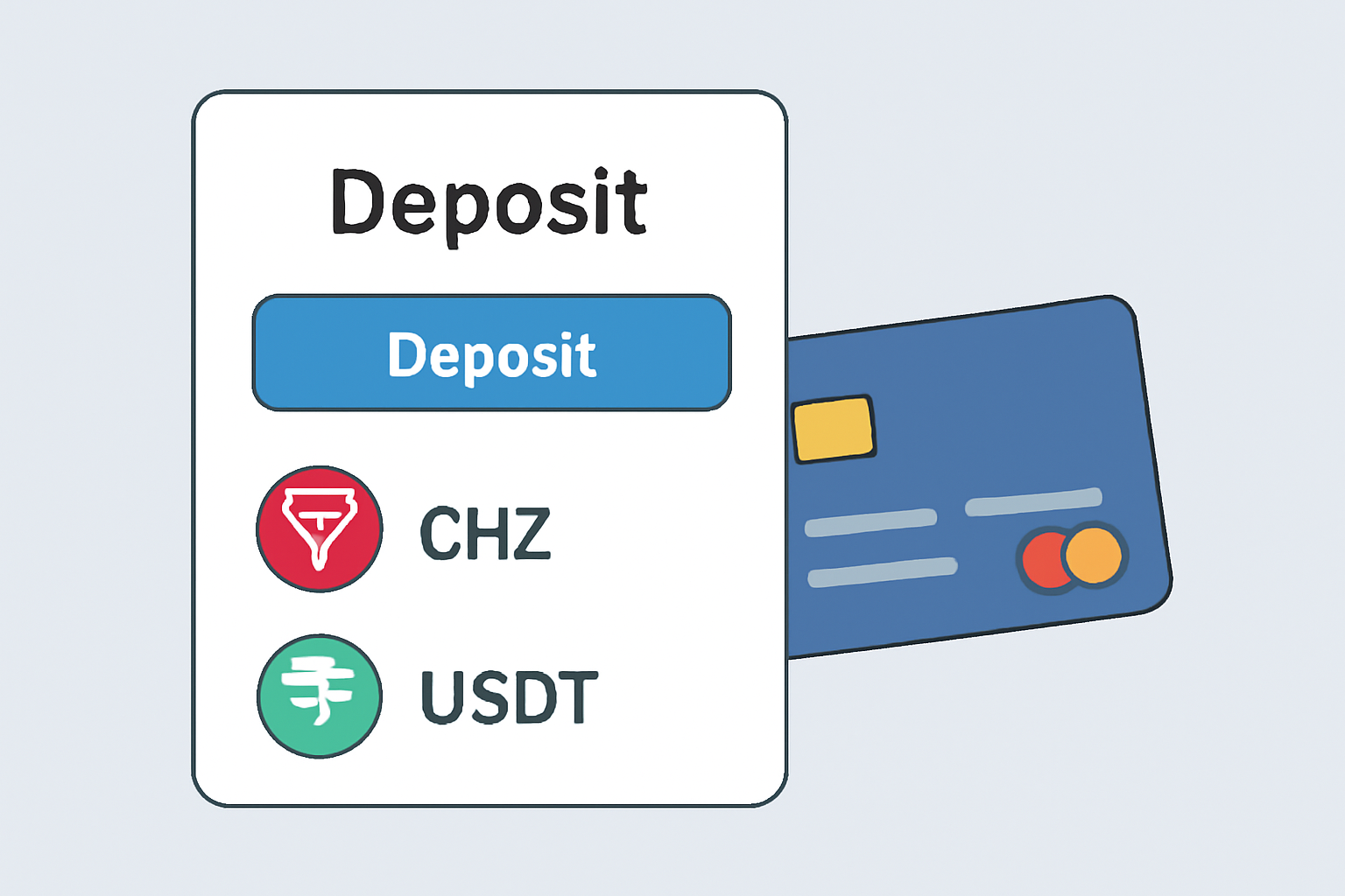 A digital wallet interface showing deposit options, with CHZ and USDT icons and a credit card nearby.