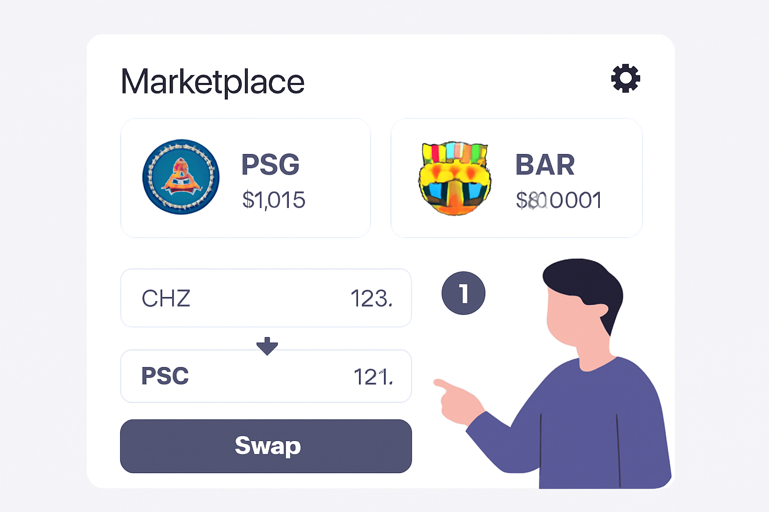 A marketplace screen displaying PSG and BAR fan tokens with current prices ($1.015 and $0.6601), user swapping CHZ for PSG, modern crypto UI