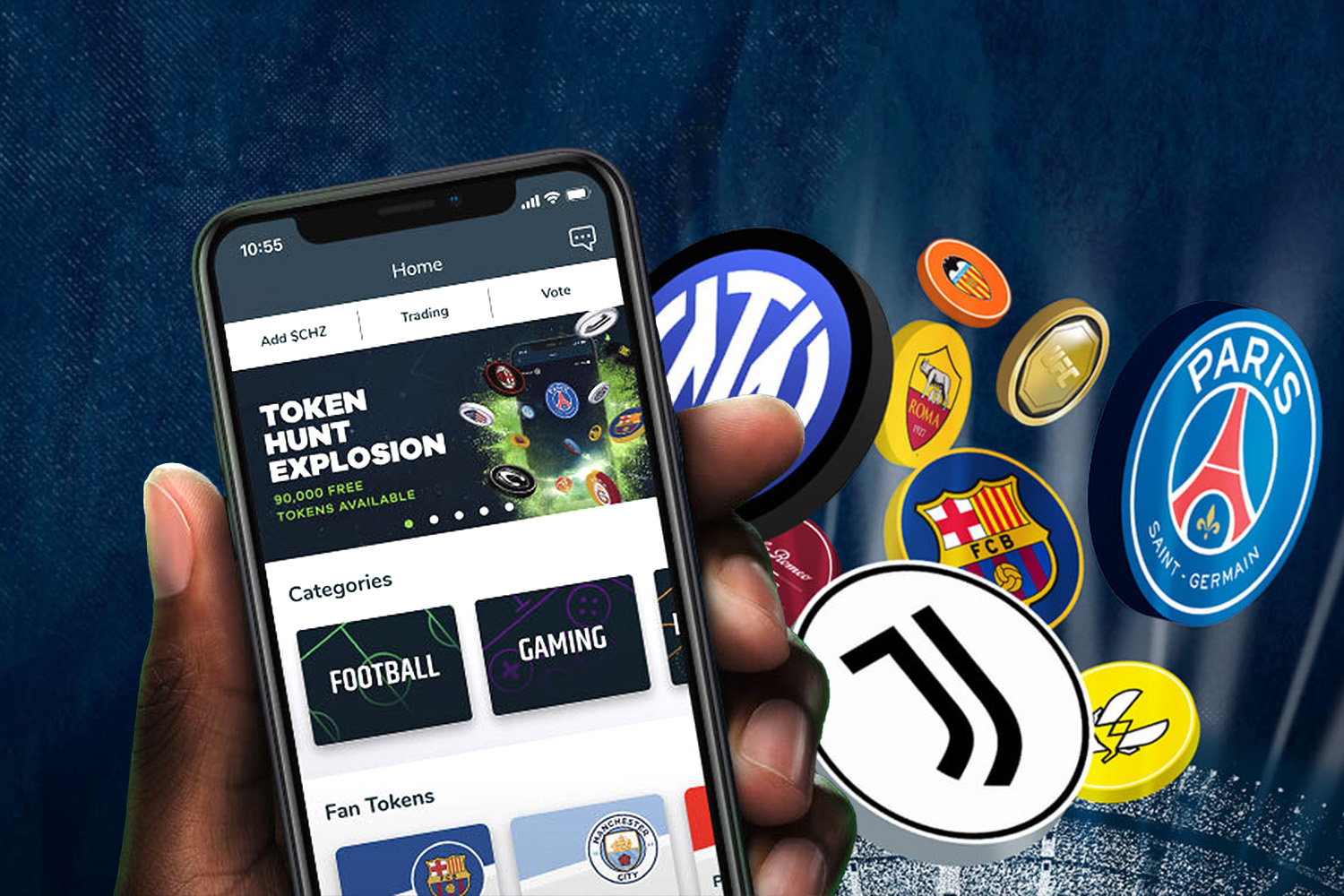 Football fans in a vibrant stadium using mobile apps to engage with their club via blockchain fan tokens, showcasing digital participation and exclusive rewards in 2025.